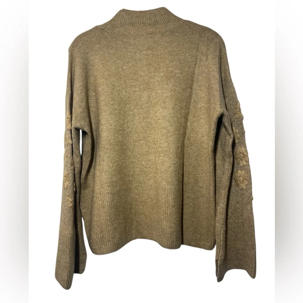 CeCe Tan Knit Sweater Floral Embroidery